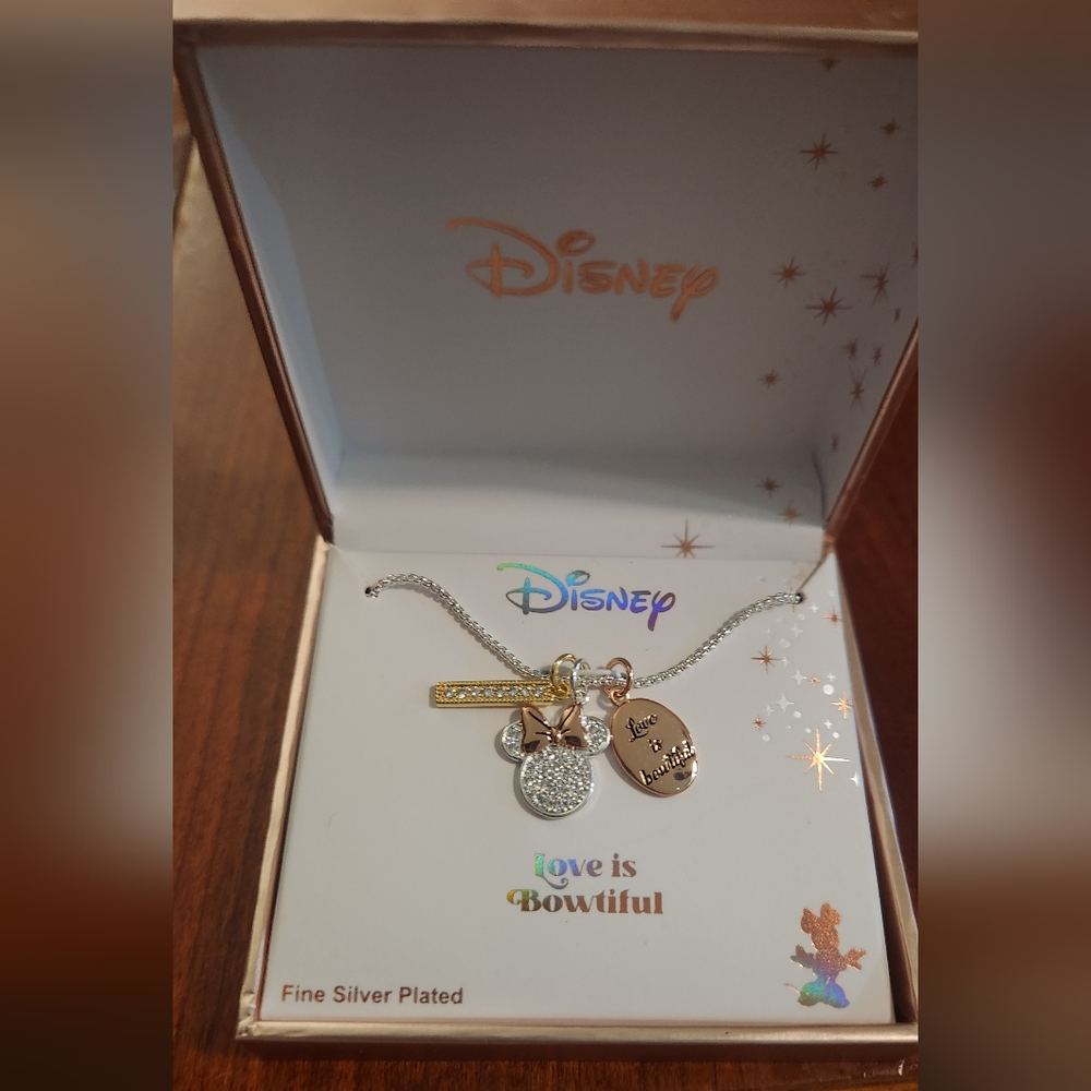 NWT: Disney Fine Silver and Gold Charm Necklace "Minnie Mouse Love Is BOWTIFUL"